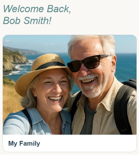 Memory Bright family album demo showing Game, Story, Explore and Auto Play activities